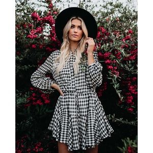 Gingham Adjustable Balloon Sleeve Dress